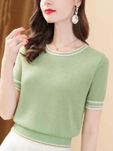 เสื้อยืดคอกลมแขนสั้นผ้าไหมน้ำแข็งถักบางระบายอากาศได้ดีสำหรับผู้หญิง ฤดูใบไม้ผลิ 2023 เสื้อผ้าทำงานแบบลำลอง