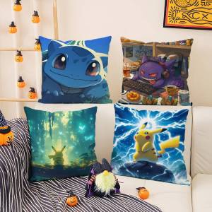 Bandai | Pokemon Red Blue Anime Plush Pillow Cover Soft Short Plush Cushion Cover For Sofa Bedroom Home Decor Gift