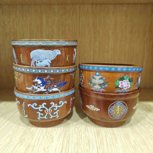 Handmade Mongolian Wooden Bowl Ethnic Style Heat Resistant Large Size High Legged Milk Tea Bowl Dining Utensils for Home Use
