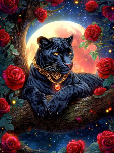 Huacan Full Diamond Painting Black Panther Red Roses Diamond Mosaic Animal Flower Complete Kit Picture Of Rhinestones