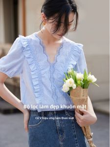INMAN | Áo Sơ Mi Nữ Mùa Hè Dáng Rộng V-Neck Tay Phồng Tay Ngắn Ren