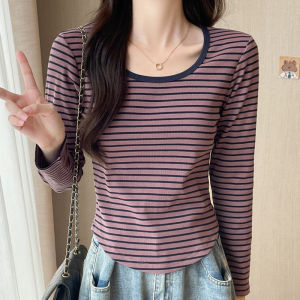 Phụ nữ dài Thun Cổ Chữ U tay áo kẻ sọc thường ngày 94% cotton