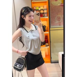 YUEZHONGWEI | Áo thun lụa băng ngắn không tay kiểu Pháp cho nữ mùa hè ngoài trời áo polo màu tương phản cổ bẻ áo vest