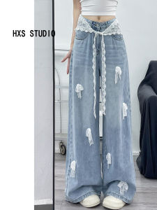 Retro Blue 3D Butterfly Knot Design Loose Straight Leg Jeans Womens Summer New Style Casual High Waist Wide Leg Pants