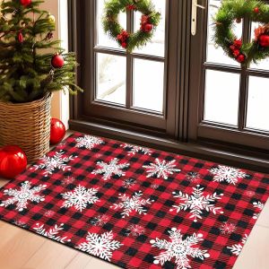 VIKAMA Christmas Doormat Red Pickup Truck Christmas Tree Plaid Welcome Mat Front Door Non Slip Rug Merry Christmas 2027