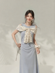 OUYANGXI | Đầm Dài Slimming Xanh Chấm Bi Cổ Trụ