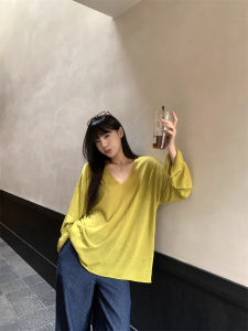 Laid-back Style Olive Green Semi-transparent Long Sleeve T-shirt Womens Loose Casual V-neck Cover-up Thin Top