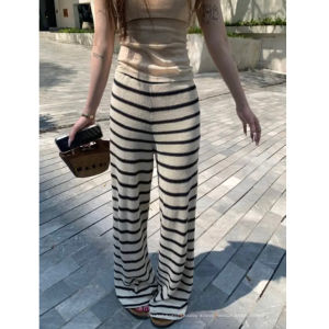 Extra Long Loose Casual Pants Striped High Waist Wide Leg Pants Korean Style Straight Cut Trousers for Tall Women