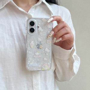 Sanrio | Korean INS Fashion Cute Hello Kitty Cat Glitter Shell Pattern Phone Case For iPhone 17 Pro 15 16 Pro Max Back Cover With Pendant