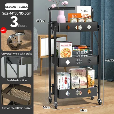 (HOME+) 3 Tier Multi-functional Trolley / Foldable Metal Trolley / Rack / Kitchen Shelf Movable Storage Cart