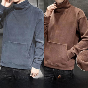 Thickened High Collar Double Sided Fleece Mens Base Shirt Autumn Winter Warm Outerwear Sweatshirt Coat with Big Pockets