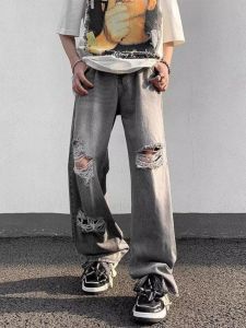 Hip Hop Ripped Denim Mens Summer Fashion Brand American Street Loose Washed-out Distressed Retro Wide-Leg Pants