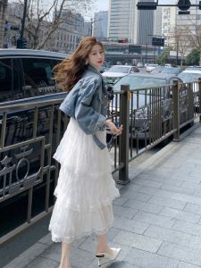 Fashionable Denim Set Womens Jacket And Dress Combo Youthful Long Skirt Two-Piece Suit Polo Collar Button Detail Short Length