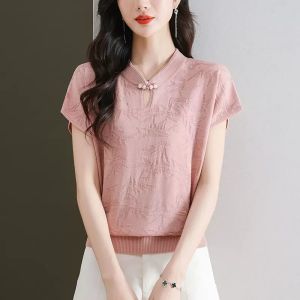 Womens Short Sleeve T-Shirt Ice Silk Knitted Stand Collar Summer New Style Chinese Style Top Fashionable Small Shirt