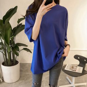 2024 Extra Large Womens Clothing 100.00kg Plus Size Ladies Summer K-style Loose Pure Color Mid Length Long Length Short Sleeve T-shirt for Women