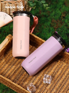 [p49 Name Engraving] Keepe Flask Stainless Steel Pink Coffee Mug Tumbler Insulated Hot and Cold Water Bottle Handy Carry Apricot Peach Customized Coffee Cup with Rope and Lid 11.8oz/16.8oz