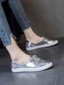 CCVV Womens Flat Bottom Single Shoes 2025 New Style Genuine Leather Versatile Student Rivet Diamond Embellished Casual Lazy White Shoes