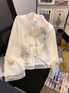 New Chinese Style Womens Shirt Embroidered Button Stand Collar Chiffon Top Autumn High Fashion Hanfu Tassel Trim Loose Fit