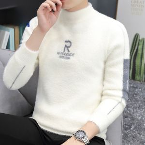 ROMON | Loose Mens Mink Velvet Sweater Mid High Collar Base Layer Knitted Winter Fashion Urban Style Long Sleeve Casual Loose Fit