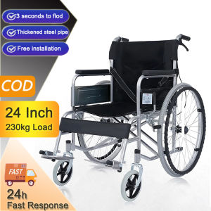 24 Inch Wheelchair For Adult Folded Heavy Duty Bigger Wheel Chair Solid Anti-Skid Tires With Brake Senior Portable Hand Push Aluminum Alloy Steel Structure