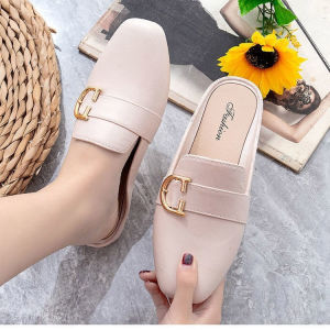 ✠△ YUEBANCHUAN 半拖鞋女韩版帆布厚底外传ins大码 Slippers women wear 2023 Baotou half slippers Kore拖鞋女外穿2023包头半拖鞋韩版学生平底休闲防滑凉拖鞋