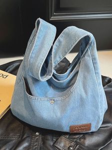 Fashionable Lightweight Denim Shoulder Bag for Women Casual Versatile Tote Bag Soft Handbag Korean Style Pure Color Design