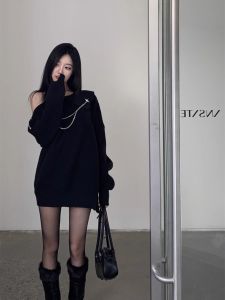 หวาน ดีไซน์ ความยาวปานกลาง เสื้อสเวตเตอร์ถัก รายละเอียดโซ่คาดไหล่ ผู้หญิง ฤดูใบไม้ร่วง ฤดูหนาว ขี้เกียจ เสื้อผ้าถัก หลวม แบบยาว แขนเสื้อ