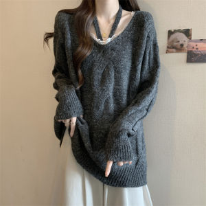 Gray Loose Lazy Style Womens Sweater Spring Autumn Large Size Plump MM Slim Hanging Neck Chic Top Mid-Length Knitted Shirt