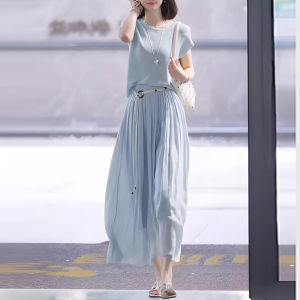 Shalldoer | Bộ váy ngắn mùa hè cho nữ màu xanh dệt kim giản dị thanh lịch váy midi chữ A hai mảnh váy thường ngày mùa hè