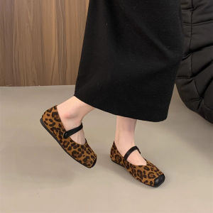 Lopard Pattern Velvet Surface Flat Heel Mary Jane Shoes Womens Spring Autumn Casual Commute Korean Style Fashionable Flats