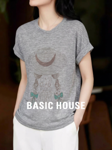 Basic House | Grey Round Neck Printed Loose Fitting T-Shirt