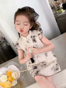 พิมพ์สีน้ําสําหรับเด็กผู้หญิง ชุดกี่เพ้า เดรส With Flying แขนเสื้อ Princess กระโปรง หวาน Style Midi ฤดูร้อน สินค้ามาใหม่สําหรับเด็กเล็ก