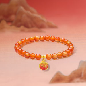 ZHOU LIU FU 周六福 24K Solid Gold Orange Agate Beaded Bracelets Pure Gold Apple Peace Character Charm Stretch Bracelet Jewelry for Women 17CM A1914748