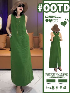 ชุดเดรสคอตั้งแขนกุดผ้าลินินทรงหลวมสำหรับผู้หญิงในฤดูร้อน ชุดเดรสยาวทรงตรง กระโปรงยาวคลุมเข่า ชุดเดรสยาวคลุมเข่า