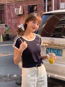Women Retro T-shirt Korean Stripe Bow Embroidered Short Sleeve Crop Top