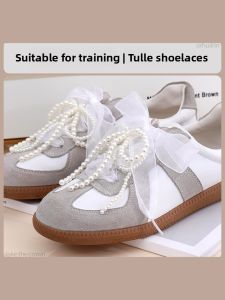 FUYOU | Silk Satin Lace Short Womens Training Shoes with Pearl Accents White Black