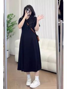 Plus Size Ladies Summer Elegant Short Sleeve Polo Black Dress Long Dress Womens Plus Size Slim Looking Hide Fat and Tummy Waist-Tight Dress