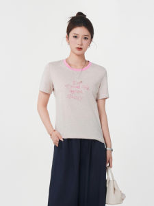 Casual round Neck Short Sleeve T-Shirt Womens Summer Top Color Block Letter Print Comfortable Breathable Cotton Blend Shirt