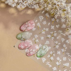 White Magnolia Flower Nail Stickers 5D Summer Embossed Adhesive Nail Art Stickers Chic Nail 3D Decorations Manicure Decals DIY