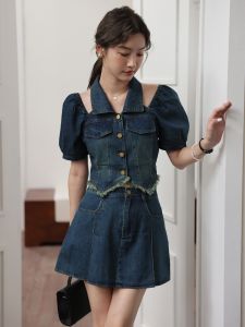 ชุดเดนิมเซ็กซี่พร้อมกระโปรงสั้นสีนิล ชุดเดรสฤดูร้อนสไตล์เกาหลี ทรงเอ เอวสูง แขนสั้น สีพื้น