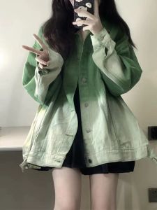 Womens Denim Jacket Loose Casual Workwear Gradient Color 2023 New Style American Retro Short Outerwear Cotton 100%