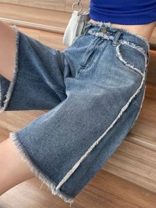 Summer Half Length Denim Shorts Female Students Retro High Waist Burr Straight Loose Cover Slimming Thin Hot Pants Tide