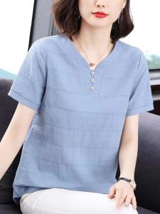QIAOXIZI | V-Neck Short Sleeve T-Shirt Cotton Linen Plus Size Fashionable Elderly Womens Summer Top Slimming
