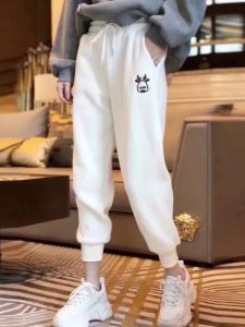 High Waist Cotton Sweatpants Womens Elastic Waistband Embroidered Cuffed Casual Sports Nine Point Pants Spring Summer