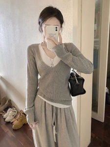 เสื้อสเวตเตอร์ถักคอวีแขนยาวสำหรับผู้หญิง ฤดูใบไม้ผลิ ฤดูใบไม้ร่วง ฤดูหนาว เสื้อชั้นในลายทาง ทรงหลวม สไตล์เกาหลี แขนยาว ปกติ