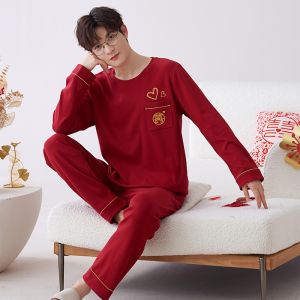 Modal Cotton Pajamas Long Sleeve Luxury Home Clothes for Men Spring Autumn Pure Cotton Red Wedding New Year Home Suit