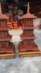 Đôi đèn tháp tầng dát vàng cặp đèn tháp chùa gỗ hương cao 1m