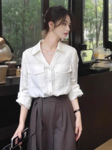 French Elegant V-Neck White Sun Protection Shirt Womens Spring Autumn New Style Unique Beautiful Small Shirt Loose Fit Long Sleeve