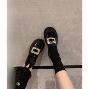 SheII Princess Heide Diamond Embellished Thick Heel Fur Lined Womens Loafers Fashionable Casual round Toe Rubber Outsole