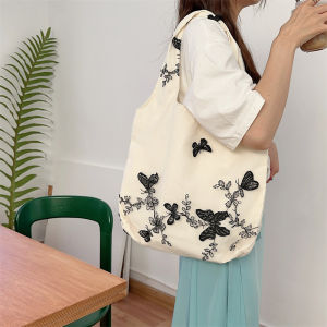 Large Capacity Embroidered Lace Butterfly Canvas Casual Womens Shoulder Bag Street Trend Cool Hobo Bag Daily Use Teenagers